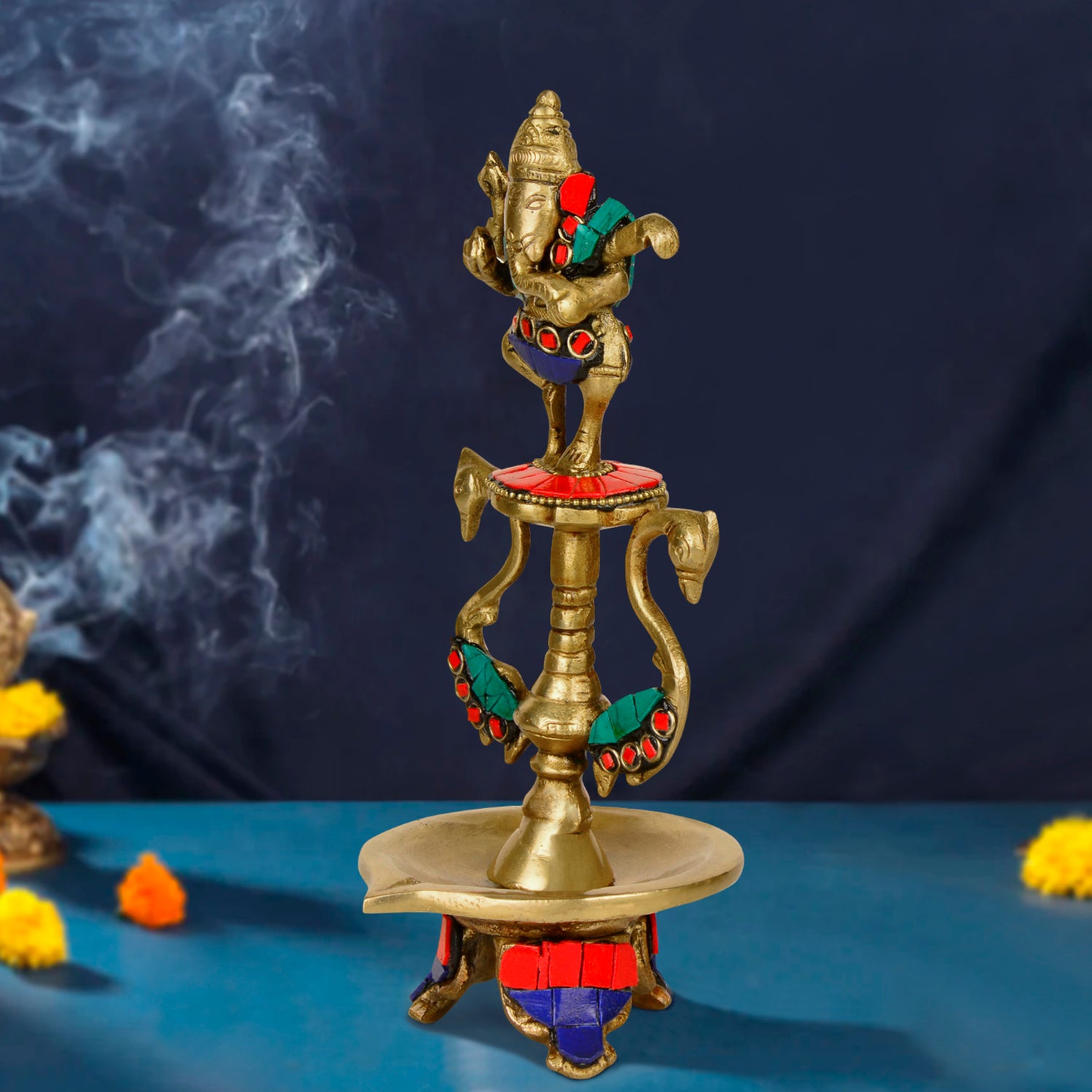 Premium Brass Dancing Ganesha Gemstone Work Pooja Aarti Diya (8.8 inches, 780 gm) - View 4