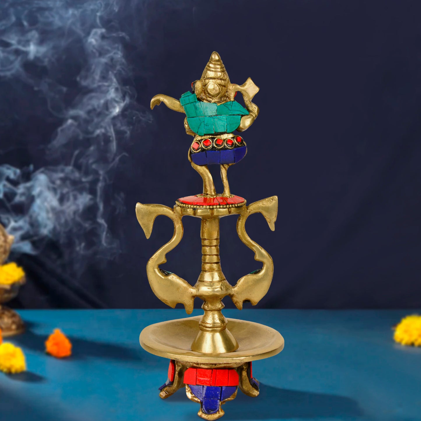 Premium Brass Dancing Ganesha Gemstone Work Pooja Aarti Diya (8.8 inches, 780 gm) - View 5
