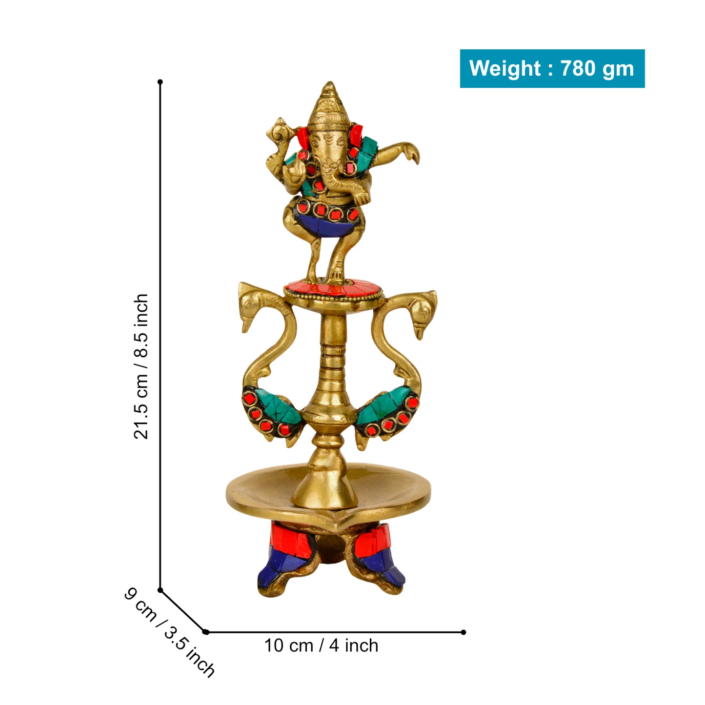 Premium Brass Dancing Ganesha Gemstone Work Pooja Aarti Diya (8.8 inches, 780 gm) - View 2