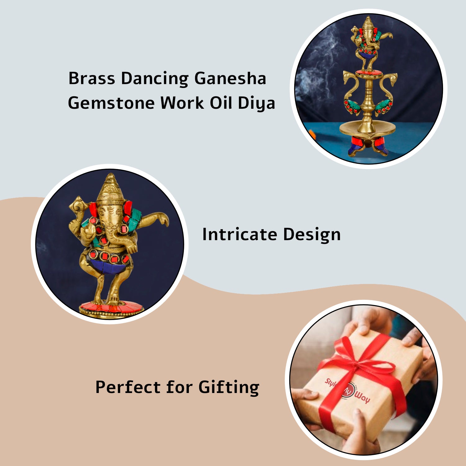 Premium Brass Dancing Ganesha Gemstone Work Pooja Aarti Diya (8.8 inches, 780 gm) - View 6