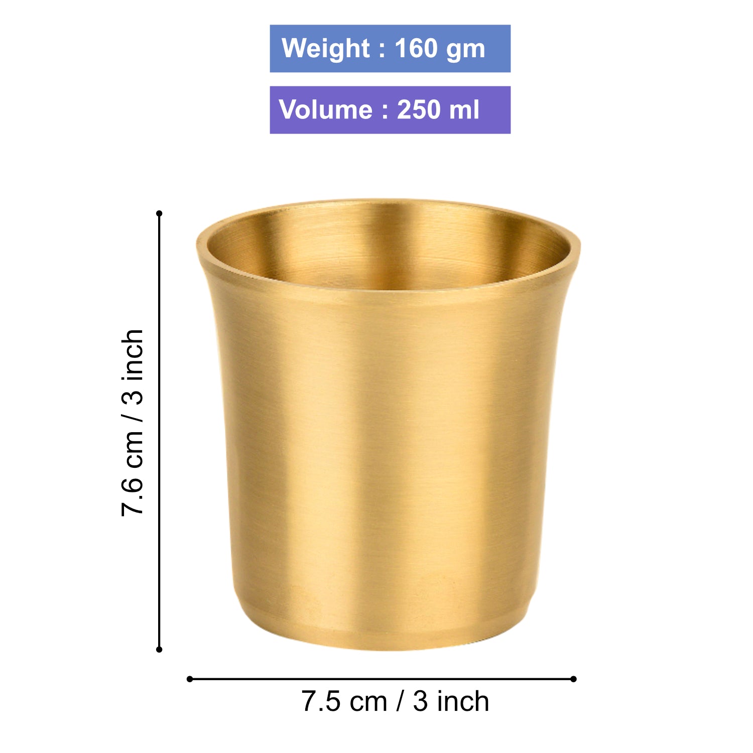 Premium Pure Brass Heavy Glass for Drinking Water (250 ml, 160 gm, Matte Finish, Golden Color) - View 2