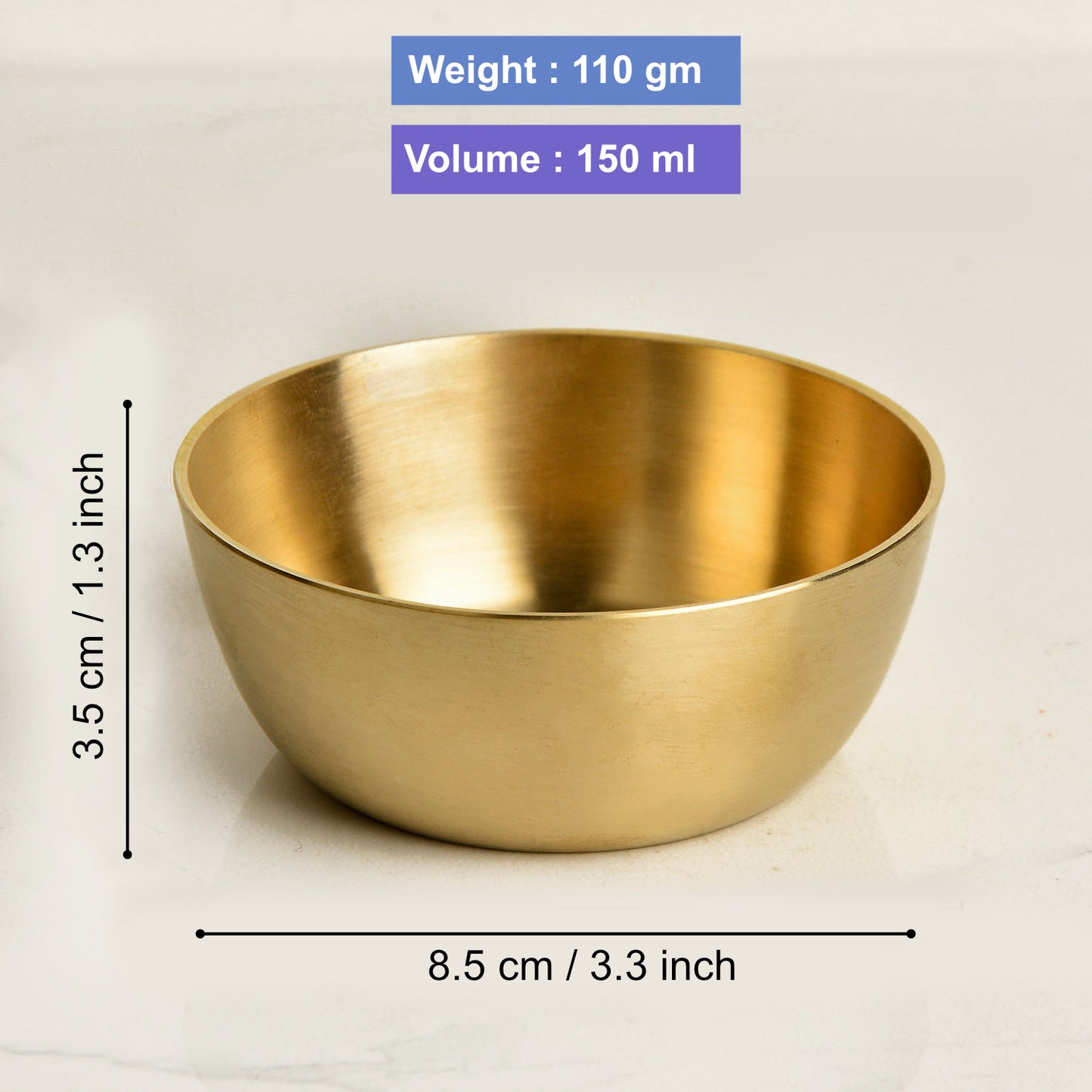 Premium Pure Brass Heavy Bowl for Eating ( Diameter - 3.5 inches, 150 ml, 110 gm, Matte Finish, Golden Color) - View 2
