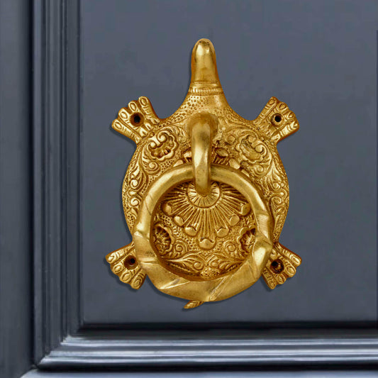 Premium Heavy Brass Gold Toned Tortoise Ring Main Door Knocker (L x B x H - 14 x 9 x 9 cm, Weight – 520 gm)