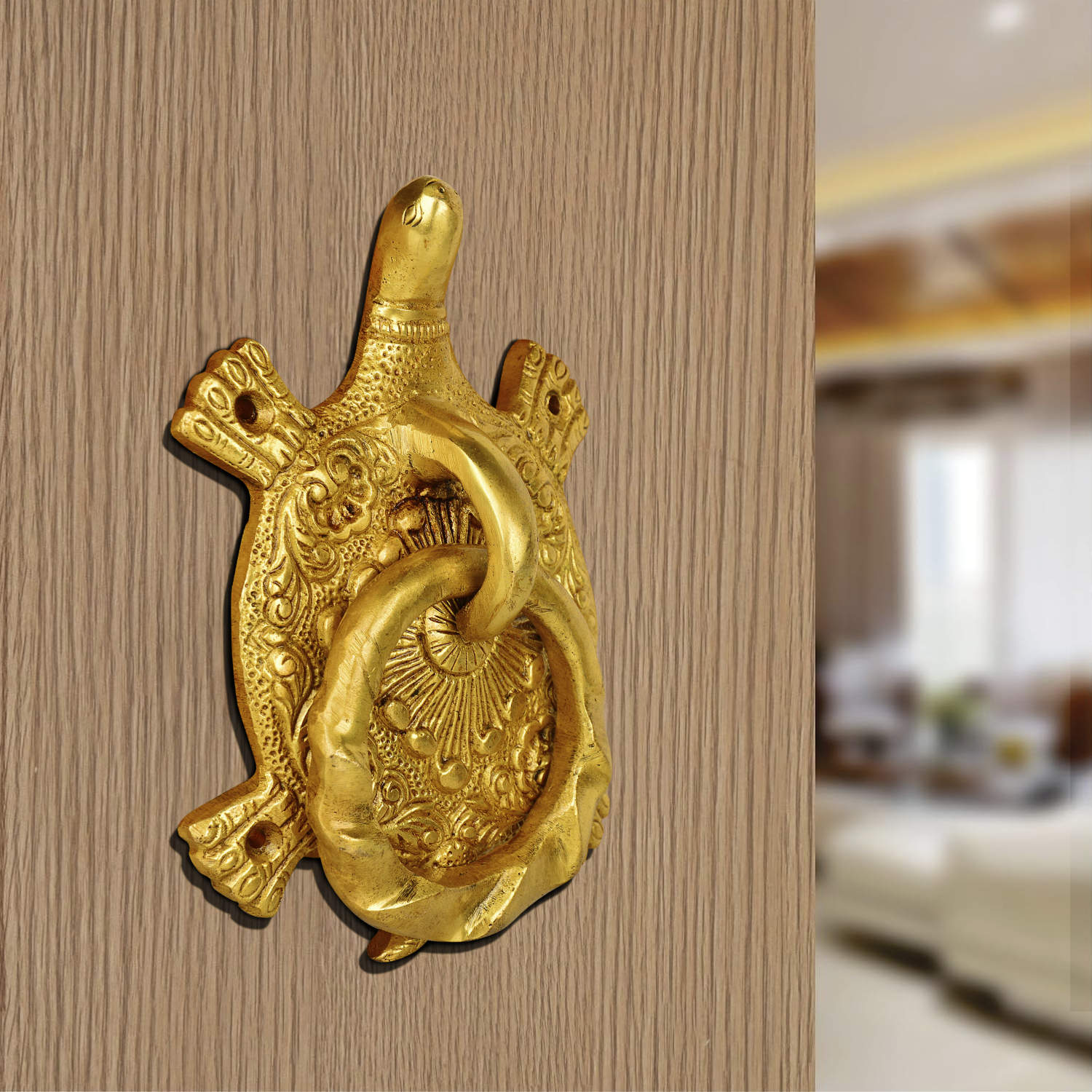 Premium Heavy Brass Gold Toned Tortoise Ring Main Door Knocker (L x B x H - 14 x 9 x 9 cm, Weight – 520 gm) - View 2
