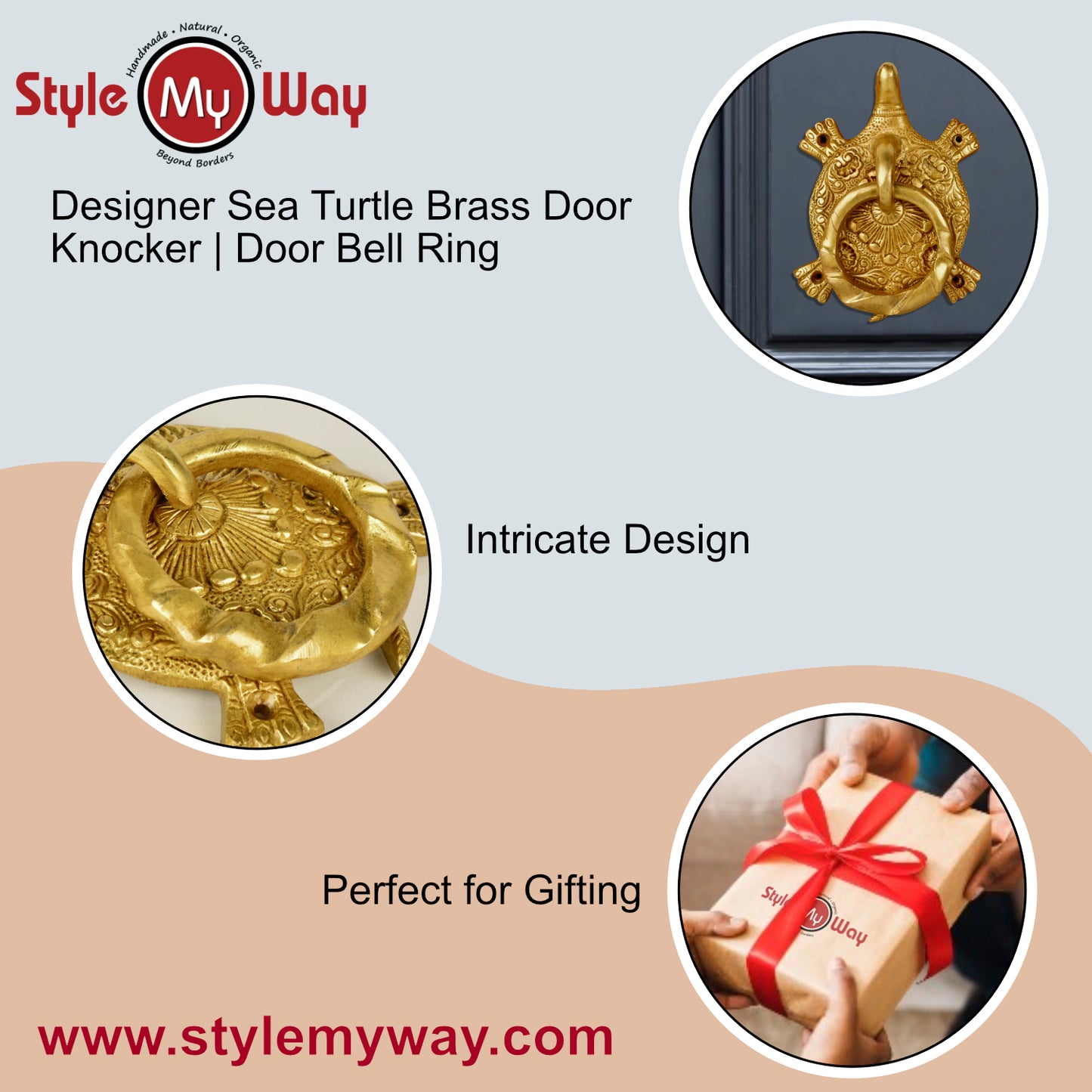 Premium Heavy Brass Gold Toned Tortoise Ring Main Door Knocker (L x B x H - 14 x 9 x 9 cm, Weight – 520 gm) - View 6