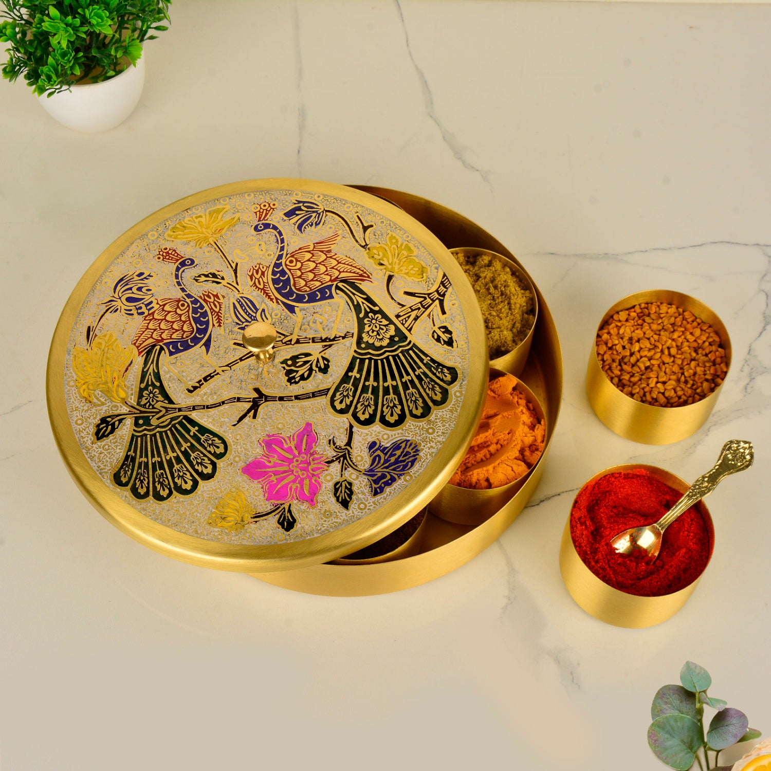 Premium Pure Brass "Peacock Hand-Etched " Indian Spice Box for Kitchen with Spoon ( 7 Containers, 120 ml each, Golden Color, Diameter - 8.4 inches , Weight - 915 gm)