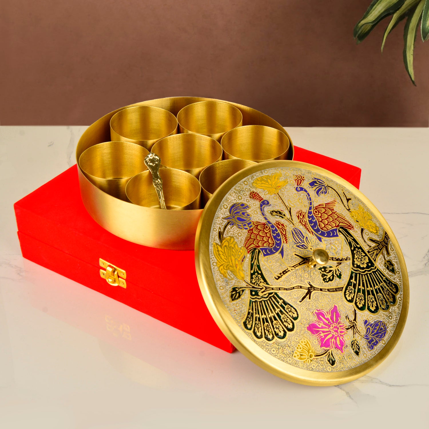 Premium Pure Brass "Peacock Hand-Etched " Indian Spice Box for Kitchen with Spoon ( 7 Containers, 120 ml each, Golden Color, Diameter - 8.4 inches , Weight - 915 gm) - View 3