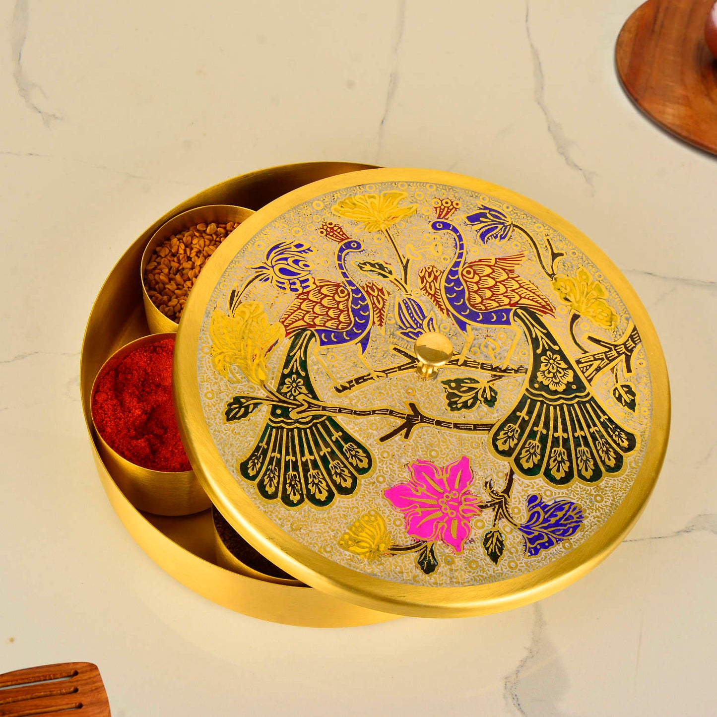 Premium Pure Brass "Peacock Hand-Etched " Indian Spice Box for Kitchen with Spoon ( 7 Containers, 120 ml each, Golden Color, Diameter - 8.4 inches , Weight - 915 gm) - View 4