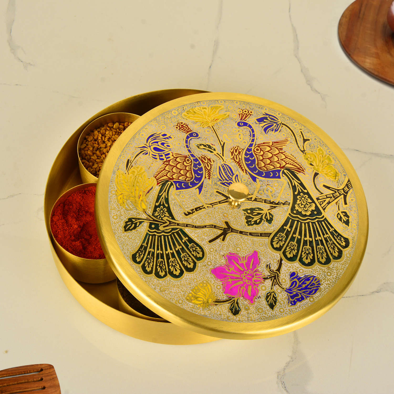 Premium Pure Brass "Peacock Hand-Etched " Indian Spice Box for Kitchen with Spoon ( 7 Containers, 120 ml each, Golden Color, Diameter - 8.4 inches , Weight - 915 gm) - View 4
