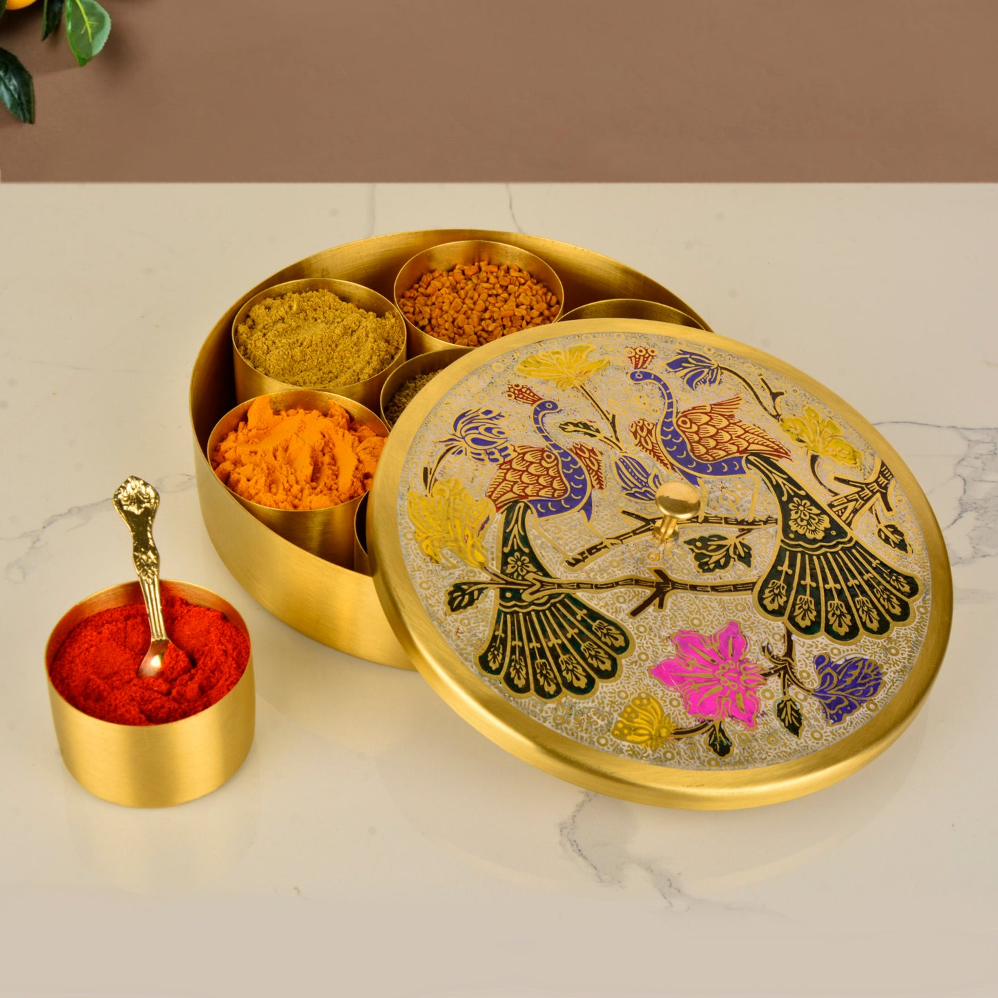 Premium Pure Brass "Peacock Hand-Etched " Indian Spice Box for Kitchen with Spoon ( 7 Containers, 120 ml each, Golden Color, Diameter - 8.4 inches , Weight - 915 gm) - View 5