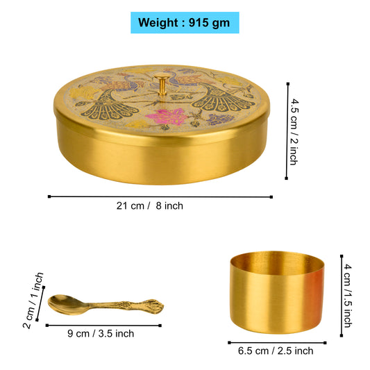 Premium Pure Brass "Peacock Hand-Etched " Indian Spice Box for Kitchen with Spoon ( 7 Containers, 120 ml each, Golden Color, Diameter - 8.4 inches , Weight - 915 gm) - View 2