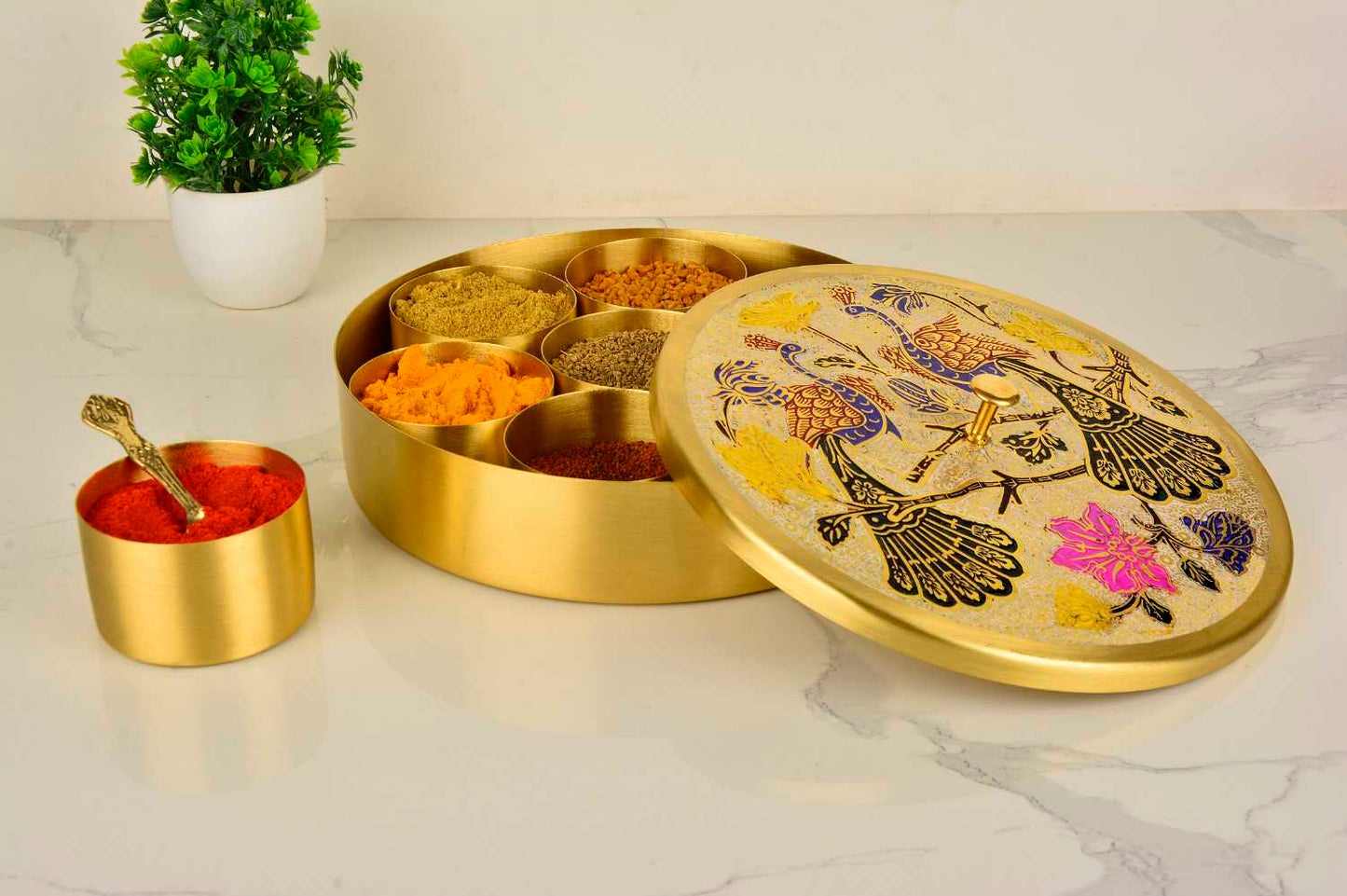 Premium Pure Brass "Peacock Hand-Etched " Indian Spice Box for Kitchen with Spoon ( 7 Containers, 120 ml each, Golden Color, Diameter - 8.4 inches , Weight - 915 gm) - View 6