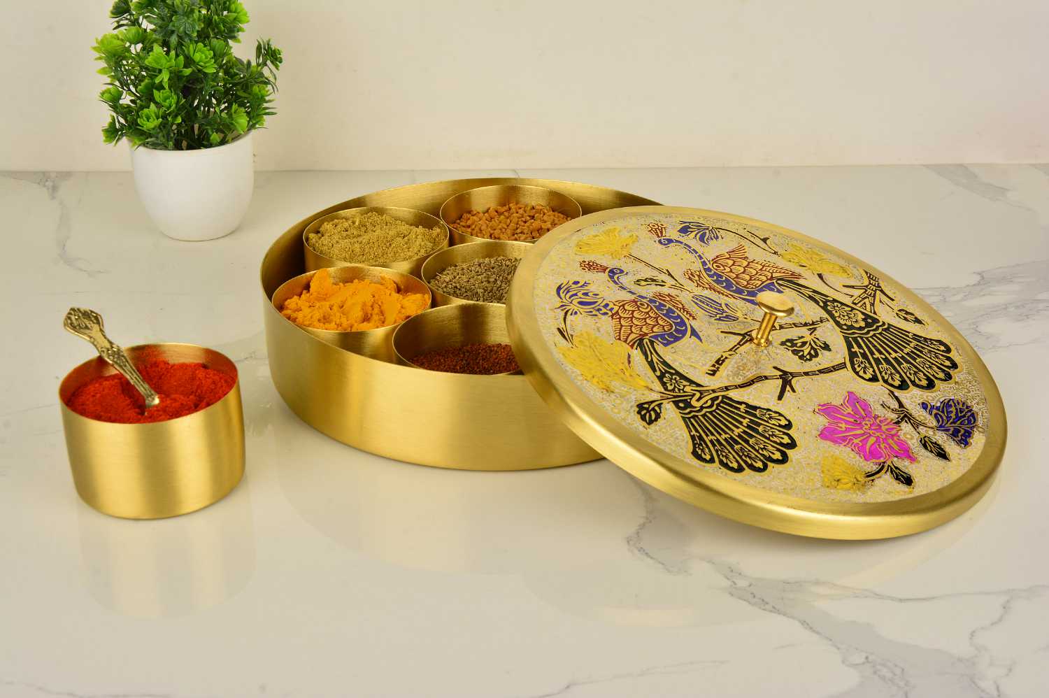 Premium Pure Brass "Peacock Hand-Etched " Indian Spice Box for Kitchen with Spoon ( 7 Containers, 120 ml each, Golden Color, Diameter - 8.4 inches , Weight - 915 gm) - View 6