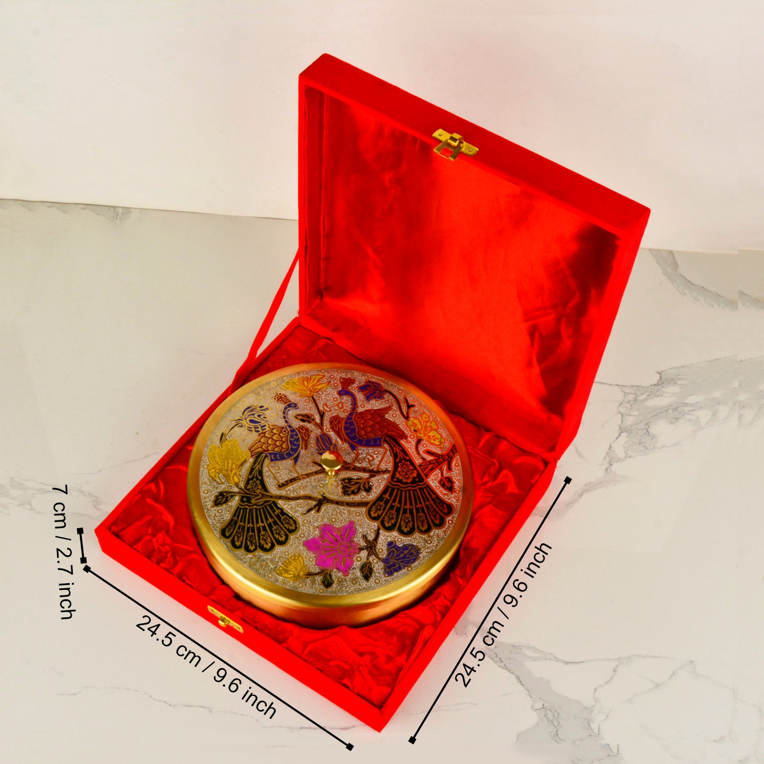 Premium Pure Brass "Peacock Hand-Etched " Indian Spice Box for Kitchen with Spoon ( 7 Containers, 120 ml each, Golden Color, Diameter - 8.4 inches , Weight - 915 gm) - View 7