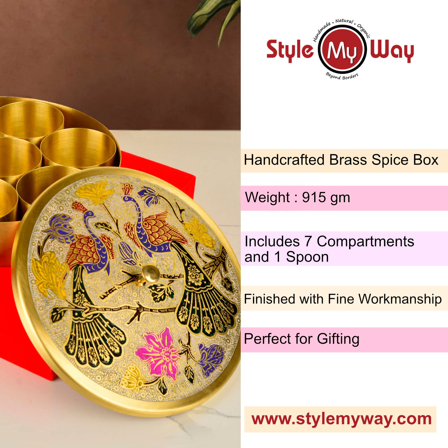 Premium Pure Brass "Peacock Hand-Etched " Indian Spice Box for Kitchen with Spoon ( 7 Containers, 120 ml each, Golden Color, Diameter - 8.4 inches , Weight - 915 gm) - View 8