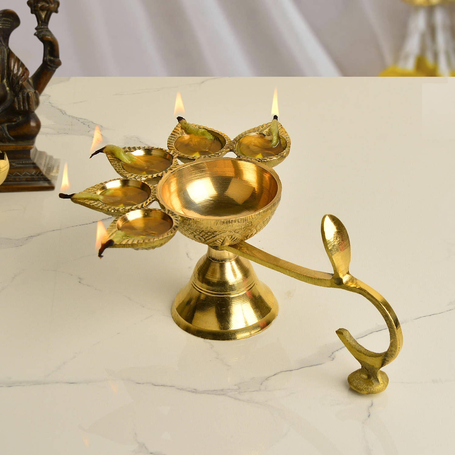 Pure Brass Premium Panch Aarti Diya with Handle (L x B x H - 18 x 13 x 7 cm, 350 gm)