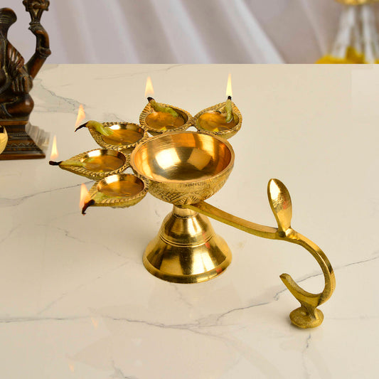 Pure Brass Premium Panch Aarti Diya with Handle (L x B x H - 18 x 13 x 7 cm, 350 gm)
