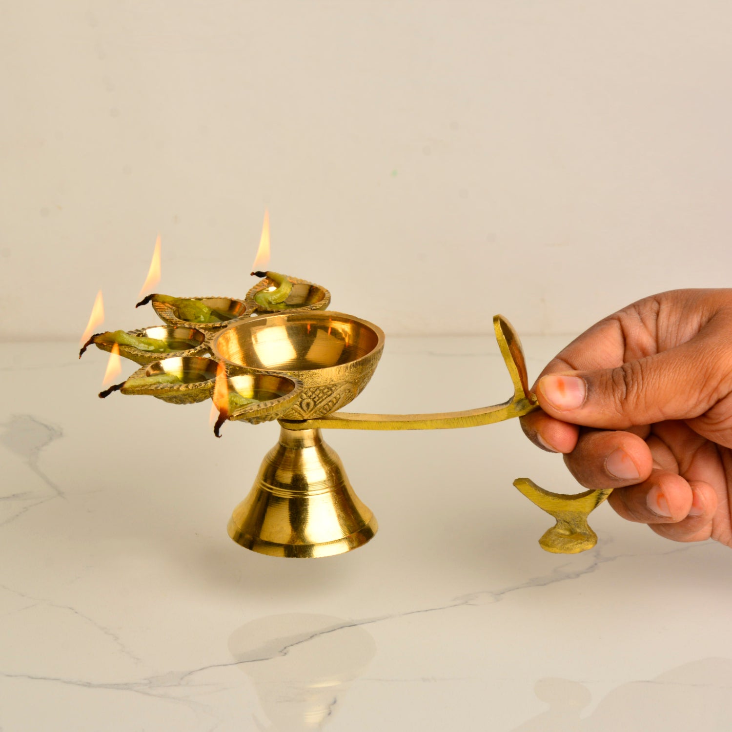 Pure Brass Premium Panch Aarti Diya with Handle (L x B x H - 18 x 13 x 7 cm, 350 gm) - View 4