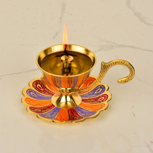Brass Decorative Pooja Diya with Handle and Plate with Meenakari Art (L x B x H – 11 x 8.5 x 5.5 cm ; Weight – 100 gm)