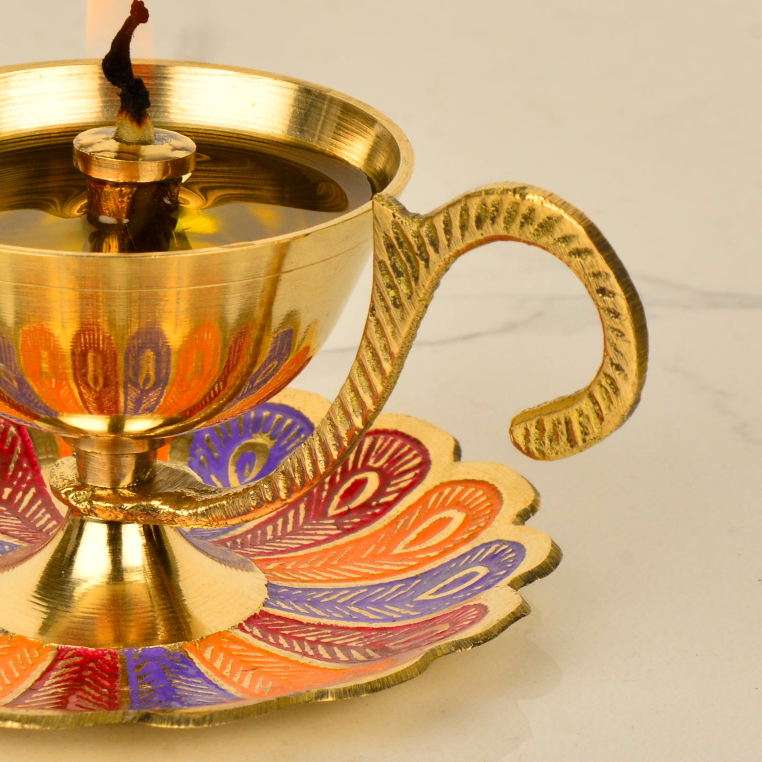 Brass Decorative Pooja Diya with Handle and Plate with Meenakari Art (L x B x H – 11 x 8.5 x 5.5 cm ; Weight – 100 gm) - View 3
