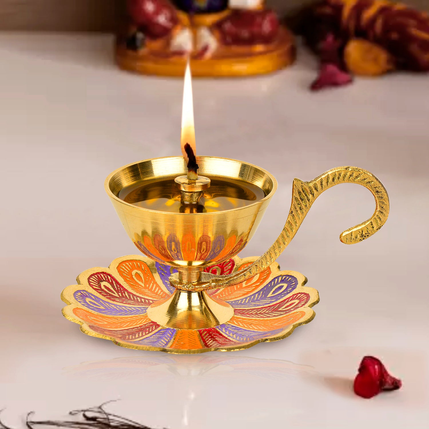 Brass Decorative Pooja Diya with Handle and Plate with Meenakari Art (L x B x H – 11 x 8.5 x 5.5 cm ; Weight – 100 gm) - View 4