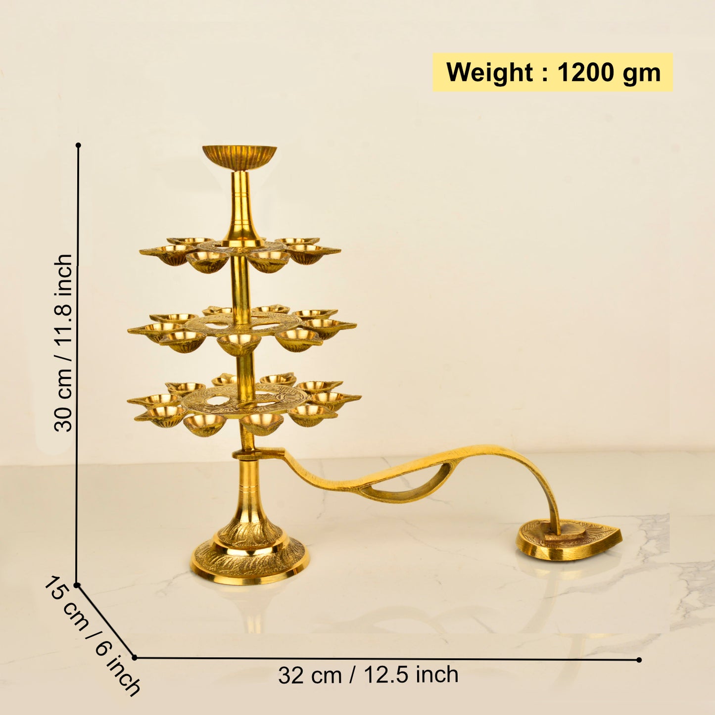Handcrafted Pure Brass Ganga Aarti Pooja Diya with Handle 4 Tier 22 Wicks (Height - 30 cm, 1200 gm) - View 2