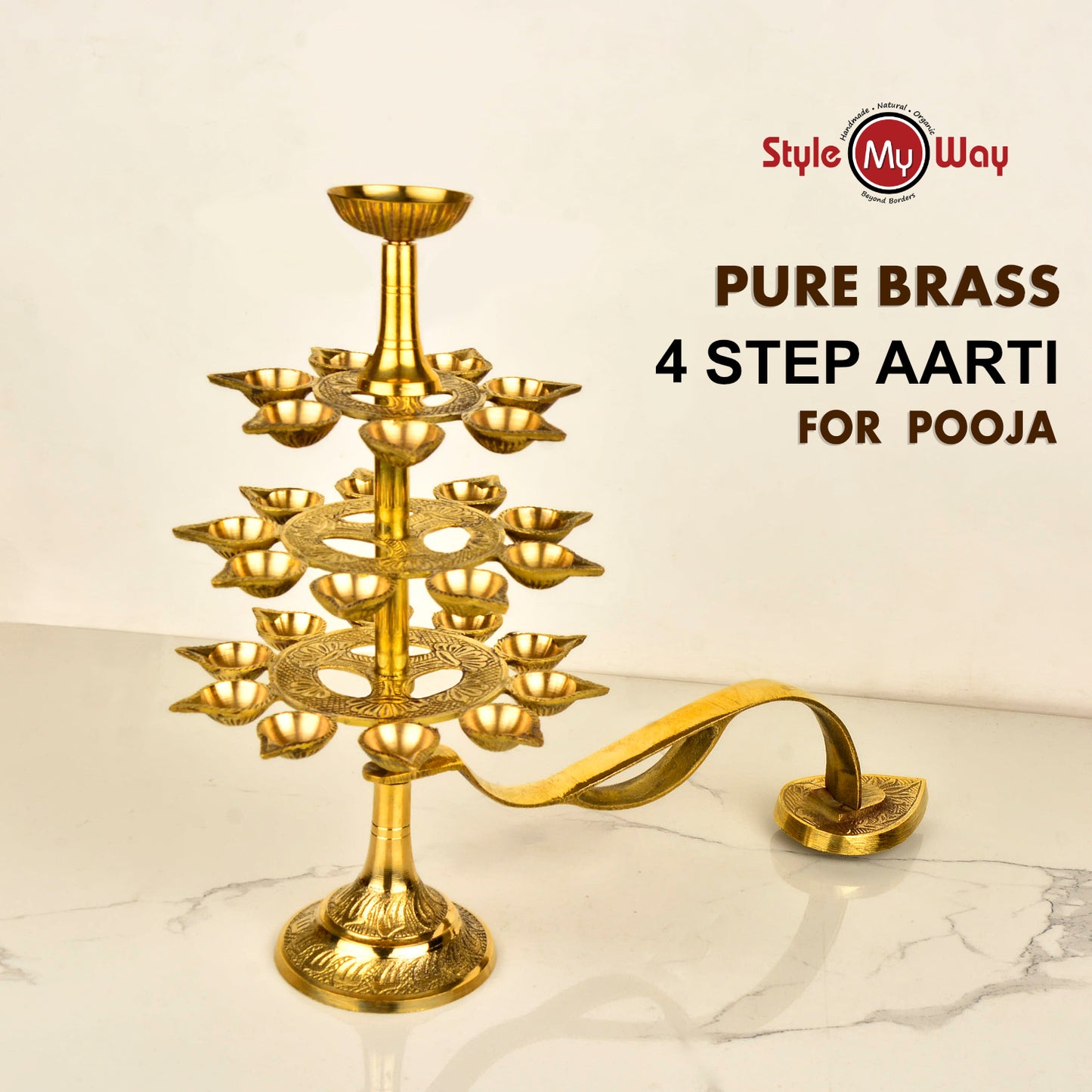 Handcrafted Pure Brass Ganga Aarti Pooja Diya with Handle 4 Tier 22 Wicks (Height - 30 cm, 1200 gm) - View 6