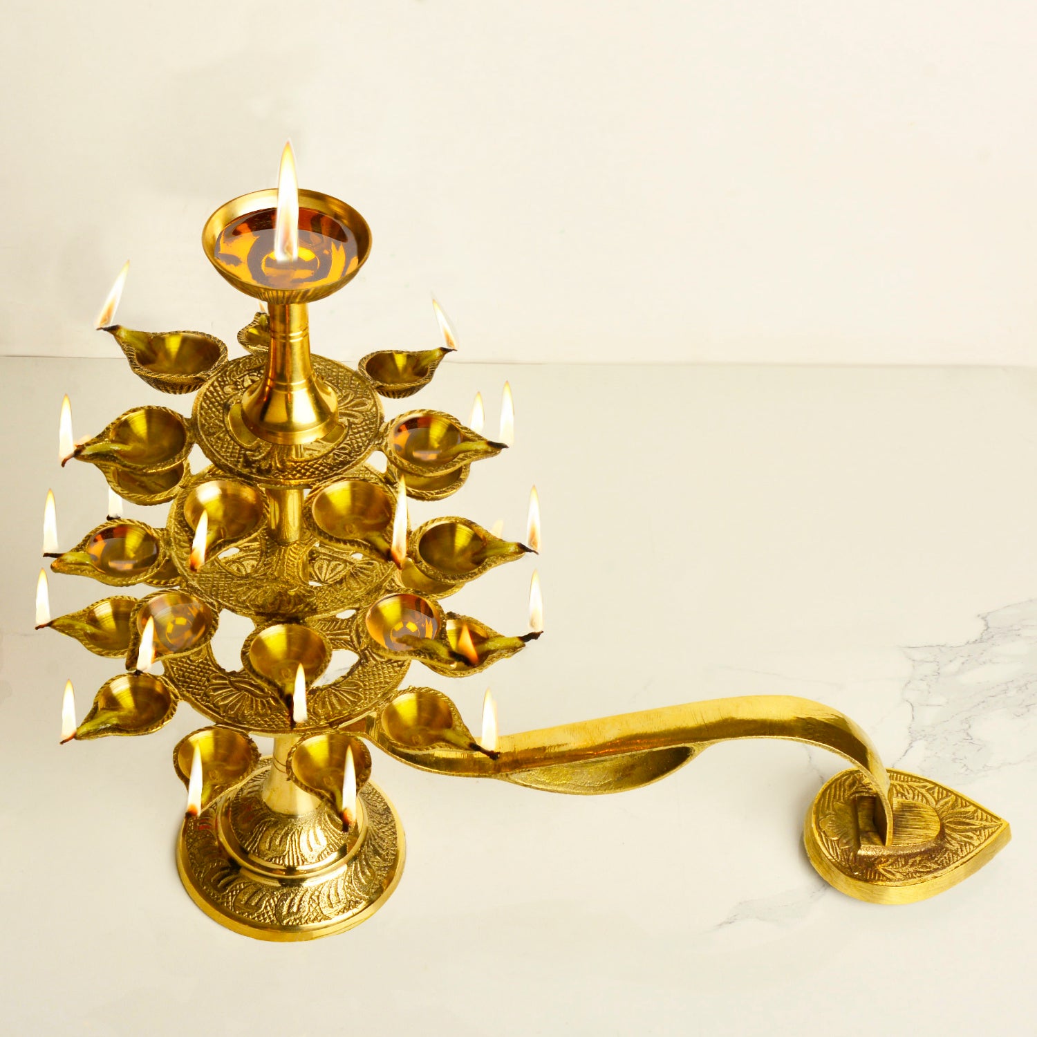 Handcrafted Pure Brass Ganga Aarti Pooja Diya with Handle 4 Tier 22 Wicks (Height - 30 cm, 1200 gm) - View 7