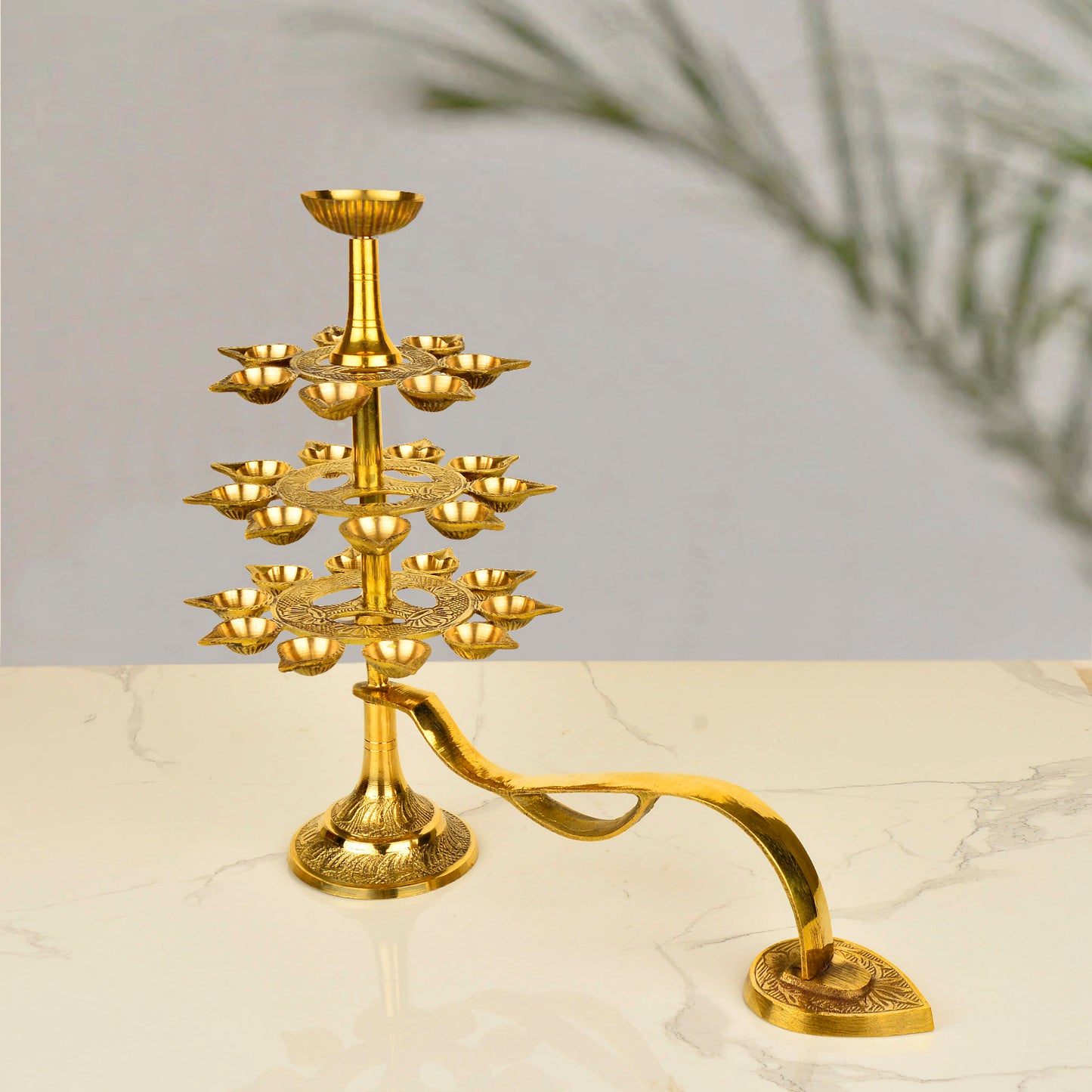 Handcrafted Pure Brass Ganga Aarti Pooja Diya with Handle 4 Tier 22 Wicks (Height - 30 cm, 1200 gm) - View 8