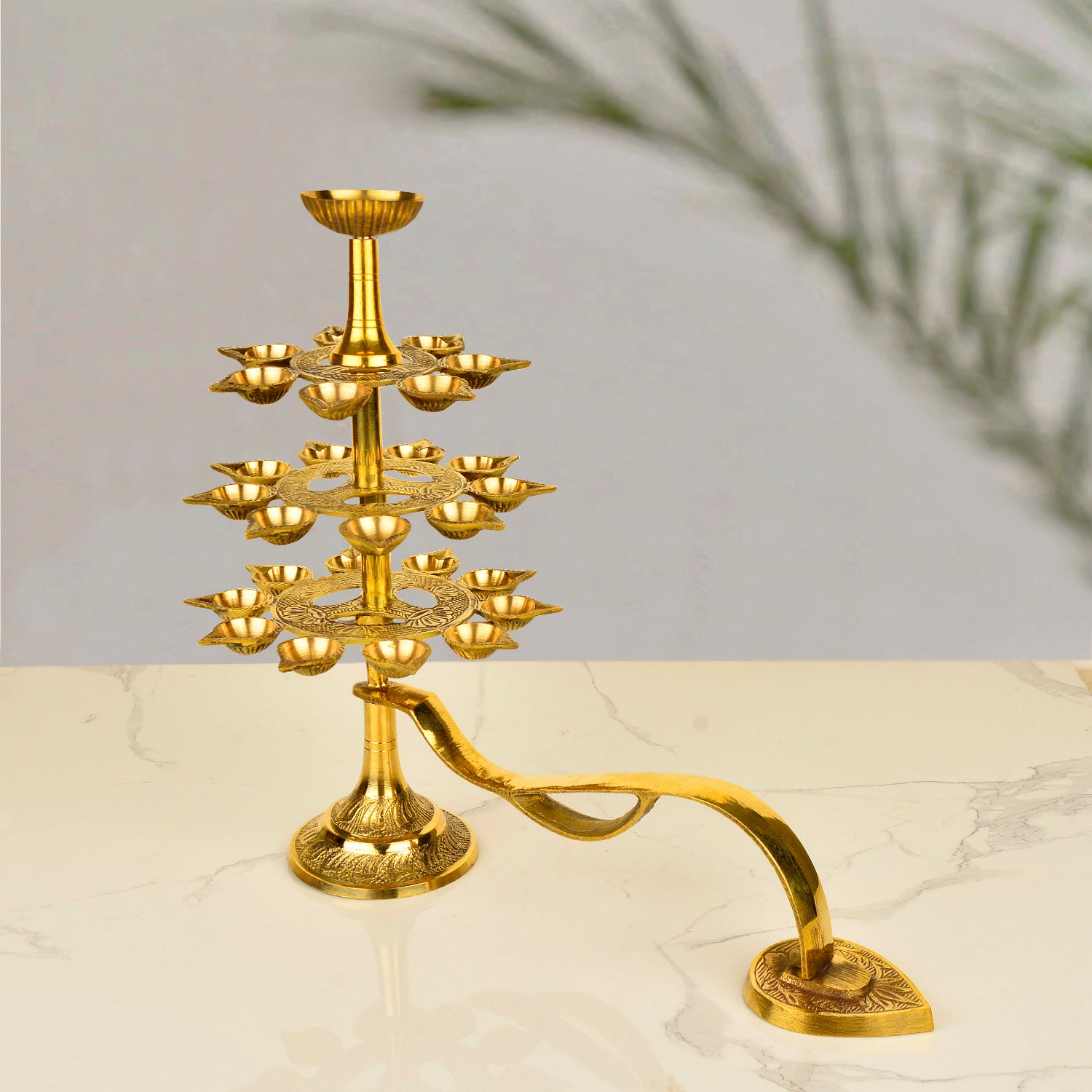 Handcrafted Pure Brass Ganga Aarti Pooja Diya with Handle 4 Tier 22 Wicks (Height - 30 cm, 1200 gm) - View 8