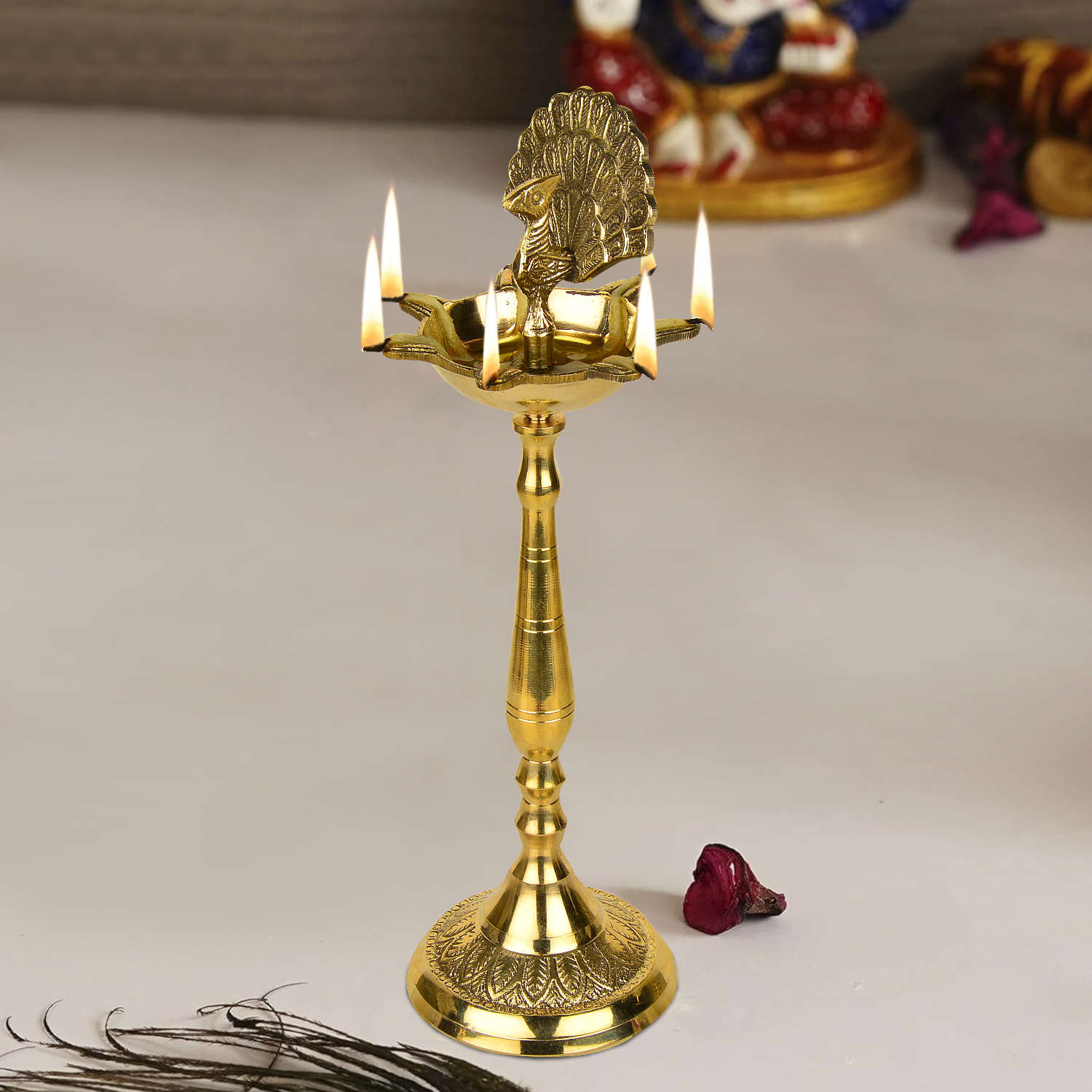 Premium Brass Dancing Peacock Standing Diya (Height – 13.2 Inches, 512 gm)
