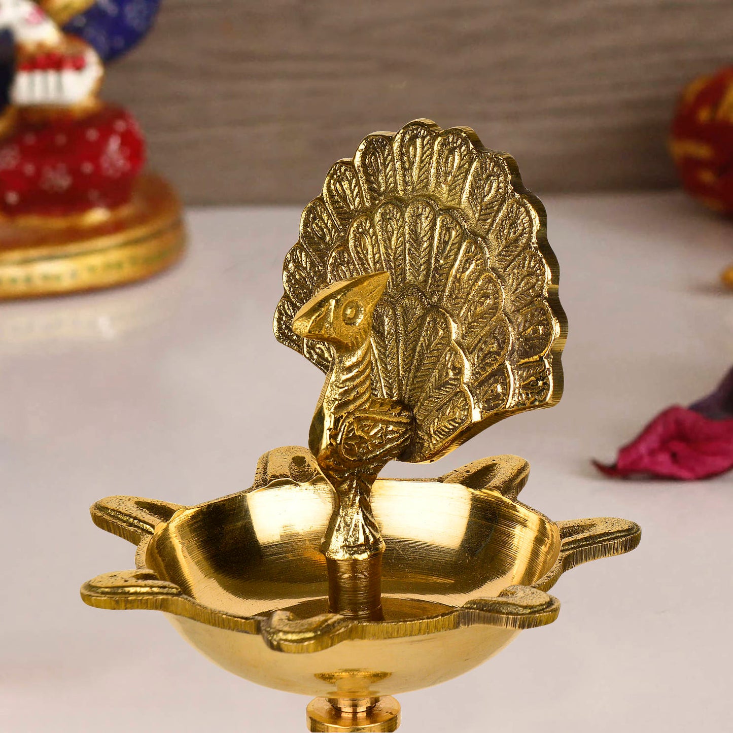 Premium Brass Dancing Peacock Standing Diya (Height – 13.2 Inches, 512 gm) - View 3