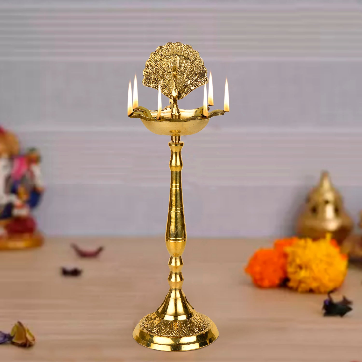 Premium Brass Dancing Peacock Standing Diya (Height – 13.2 Inches, 512 gm) - View 4