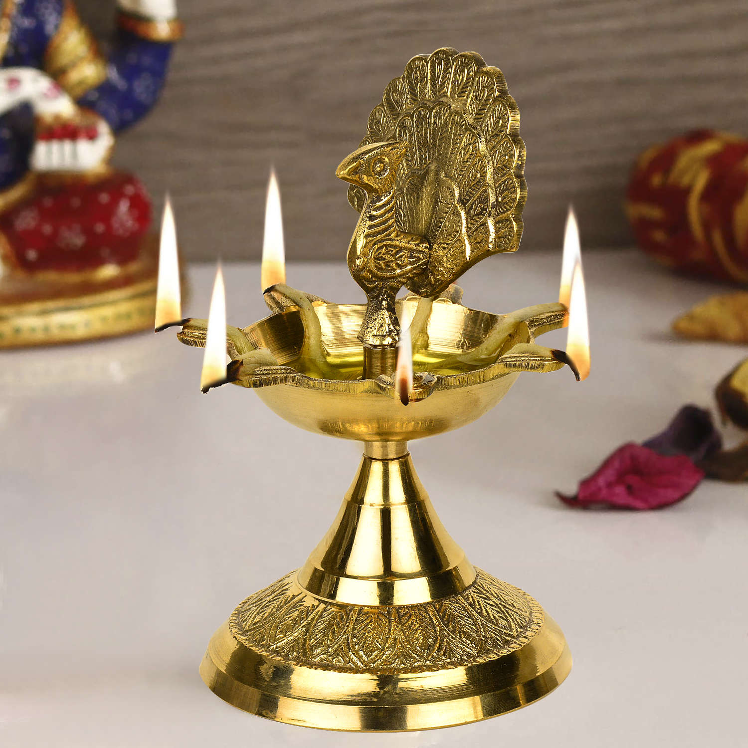 Premium Brass Dancing Peacock Panchmukhi Pooja Aarti Diya (L x B x H - 9.5 x 9.5 x 16 cm, 400 gm)