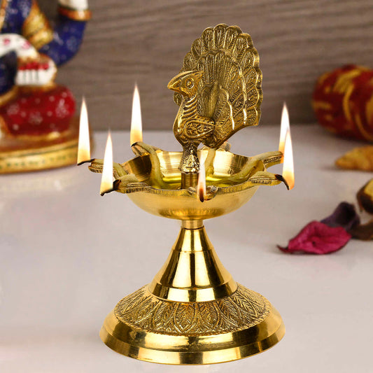 Premium Brass Dancing Peacock Panchmukhi Pooja Aarti Diya (L x B x H - 9.5 x 9.5 x 16 cm, 400 gm)