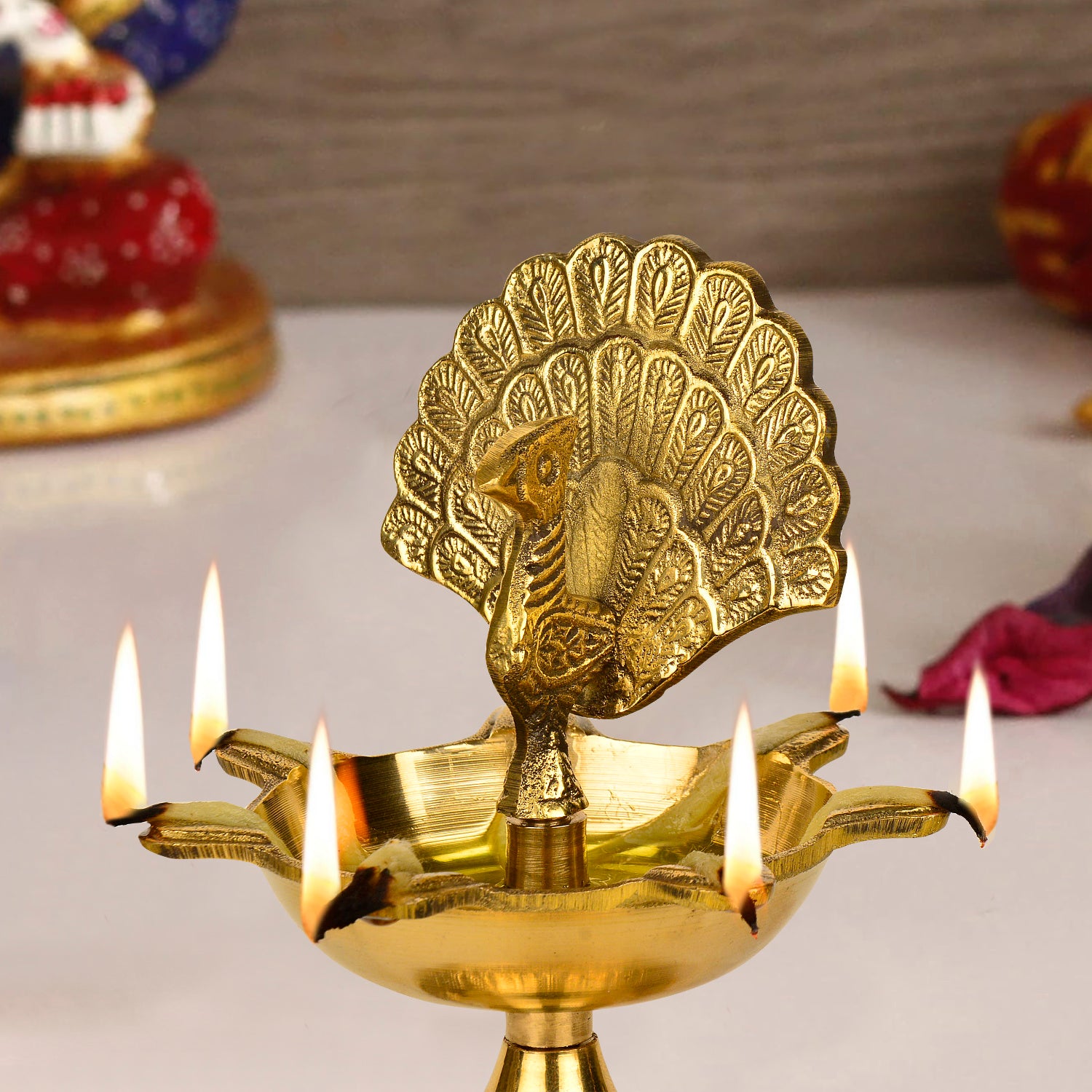 Premium Brass Dancing Peacock Panchmukhi Pooja Aarti Diya (L x B x H - 9.5 x 9.5 x 16 cm, 400 gm) - View 3