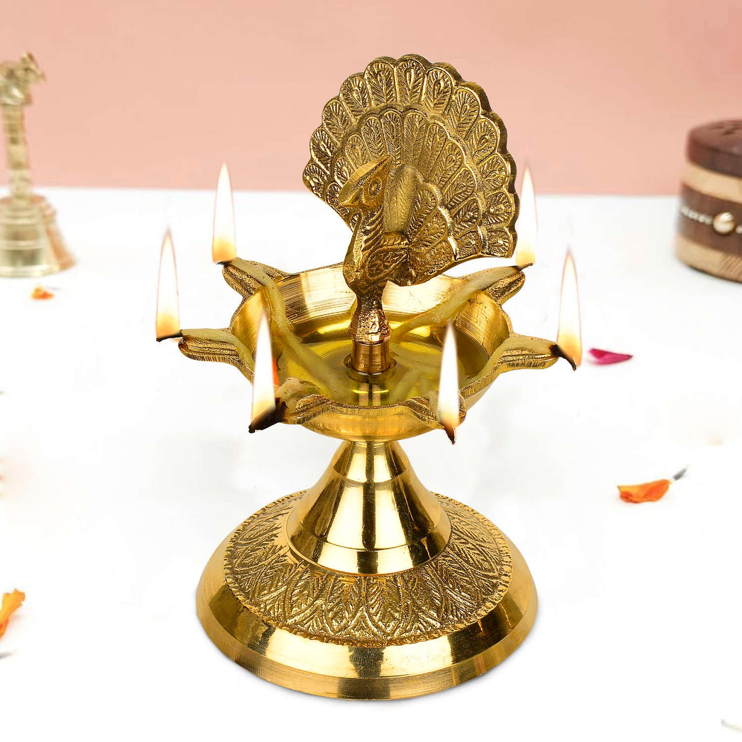 Premium Brass Dancing Peacock Panchmukhi Pooja Aarti Diya (L x B x H - 9.5 x 9.5 x 16 cm, 400 gm) - View 4