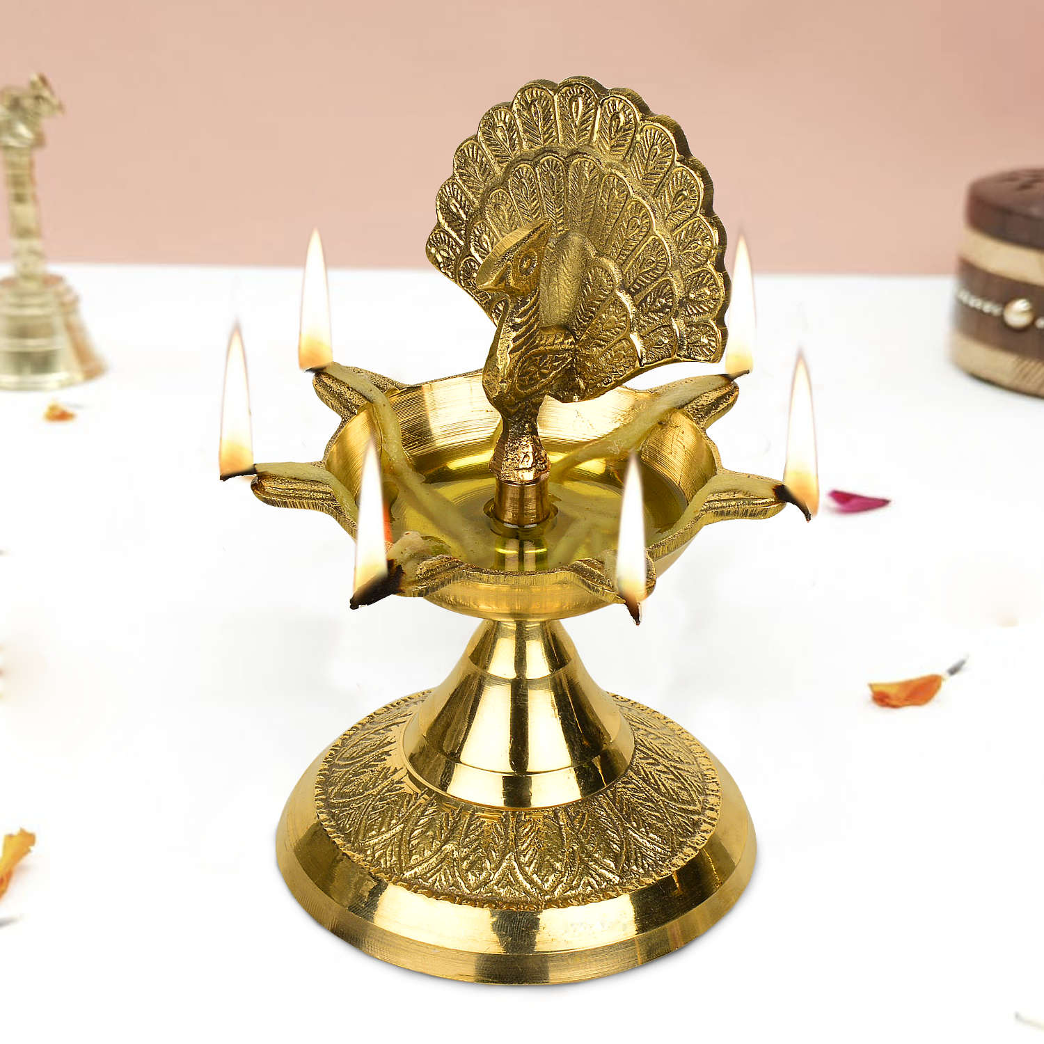 Premium Brass Dancing Peacock Panchmukhi Pooja Aarti Diya (L x B x H - 9.5 x 9.5 x 16 cm, 400 gm) - View 4