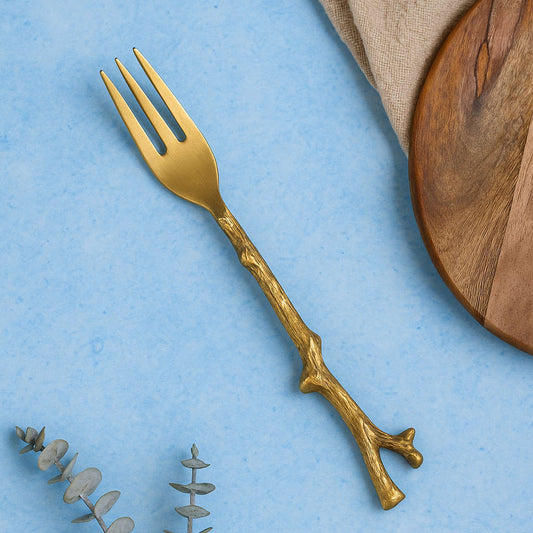 Premium Pure Brass Matte Finish Branch Style Fork for Eating ( Length - 7.2 inches, 50 gm, Golden Color)