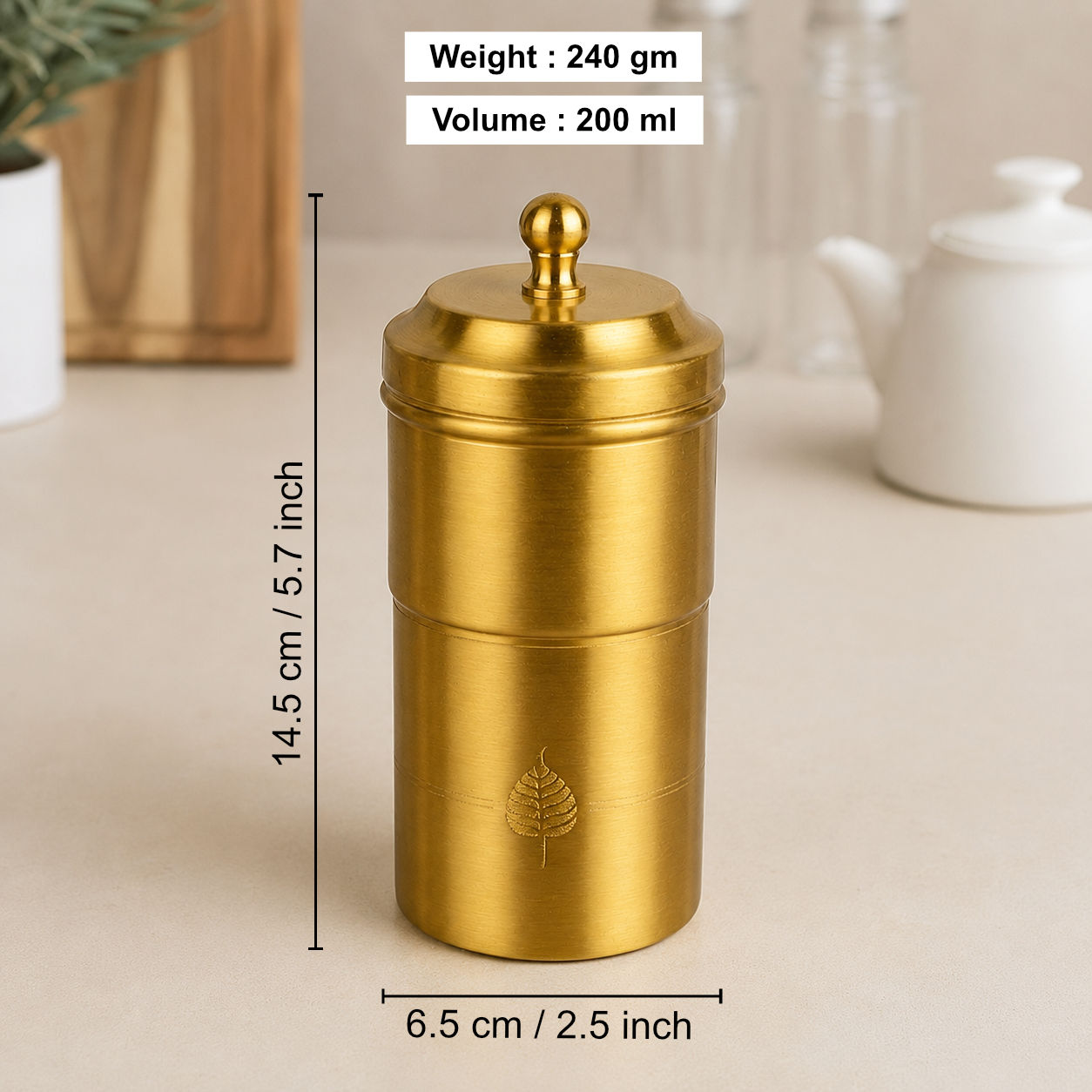 Pure Brass Coffee Filter with Lid | 200 ml | 240 gm | South Indian Degree Kaapi Maker