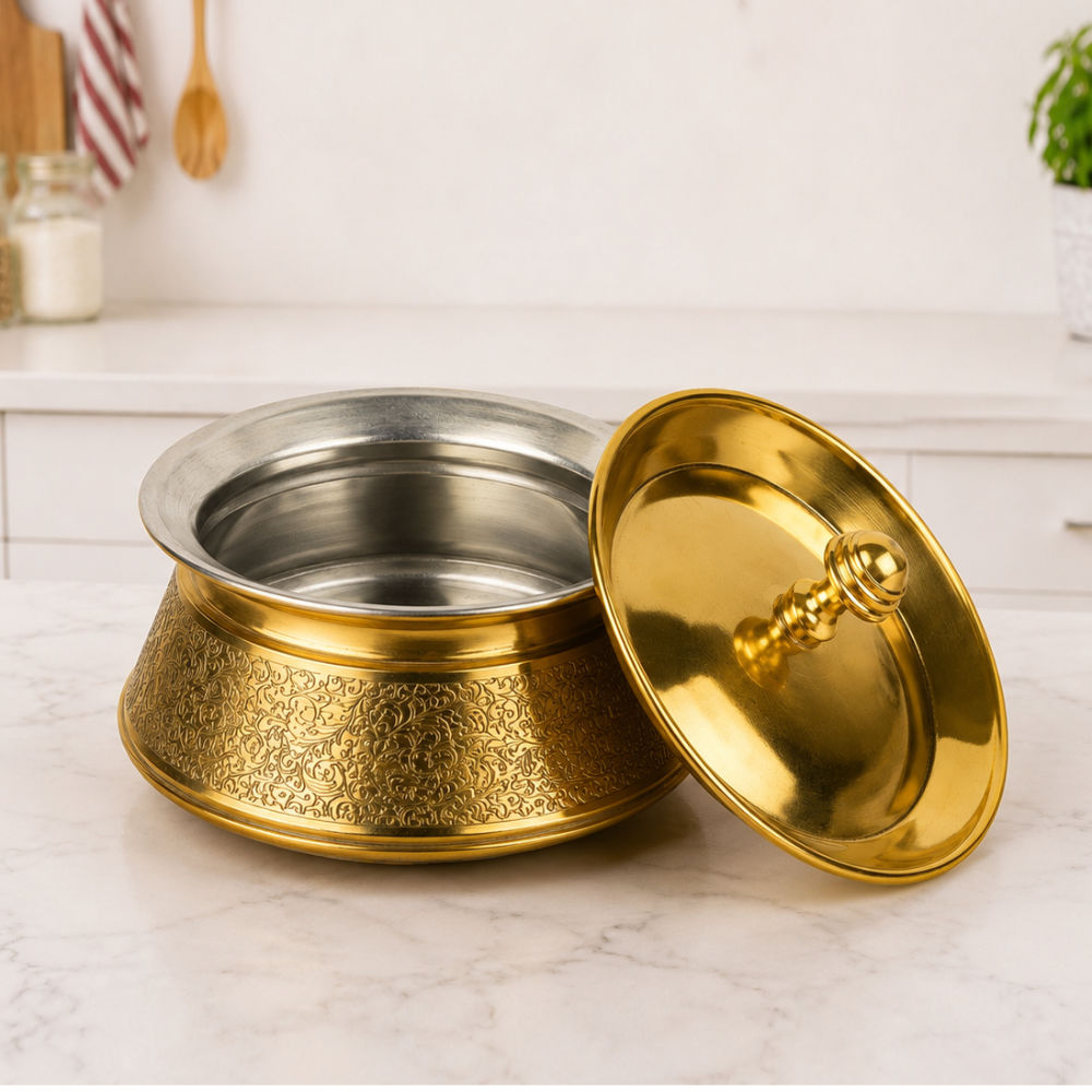 Handcrafted Brass Serving Handi with Lid (1000 ml, 500 gm)