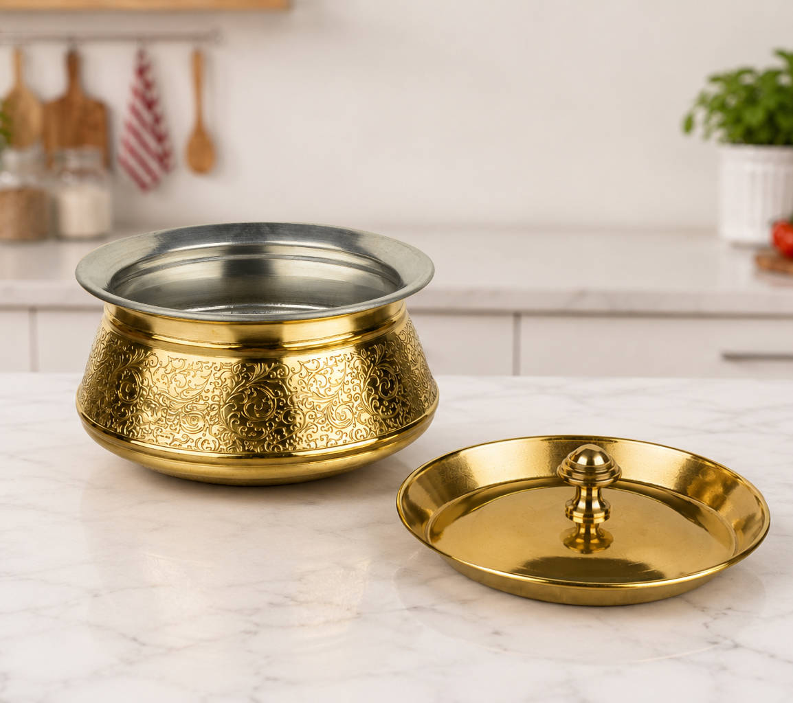Handcrafted Brass Serving Handi with Lid (1000 ml, 500 gm)