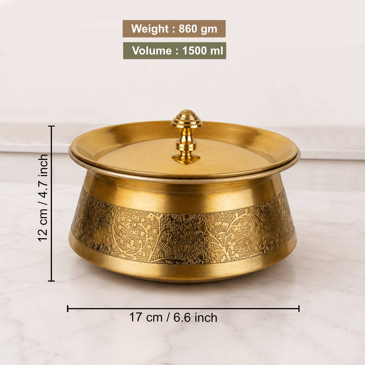 Handcrafted Brass Serving Handi with Lid (1500 ml, 860 gm)