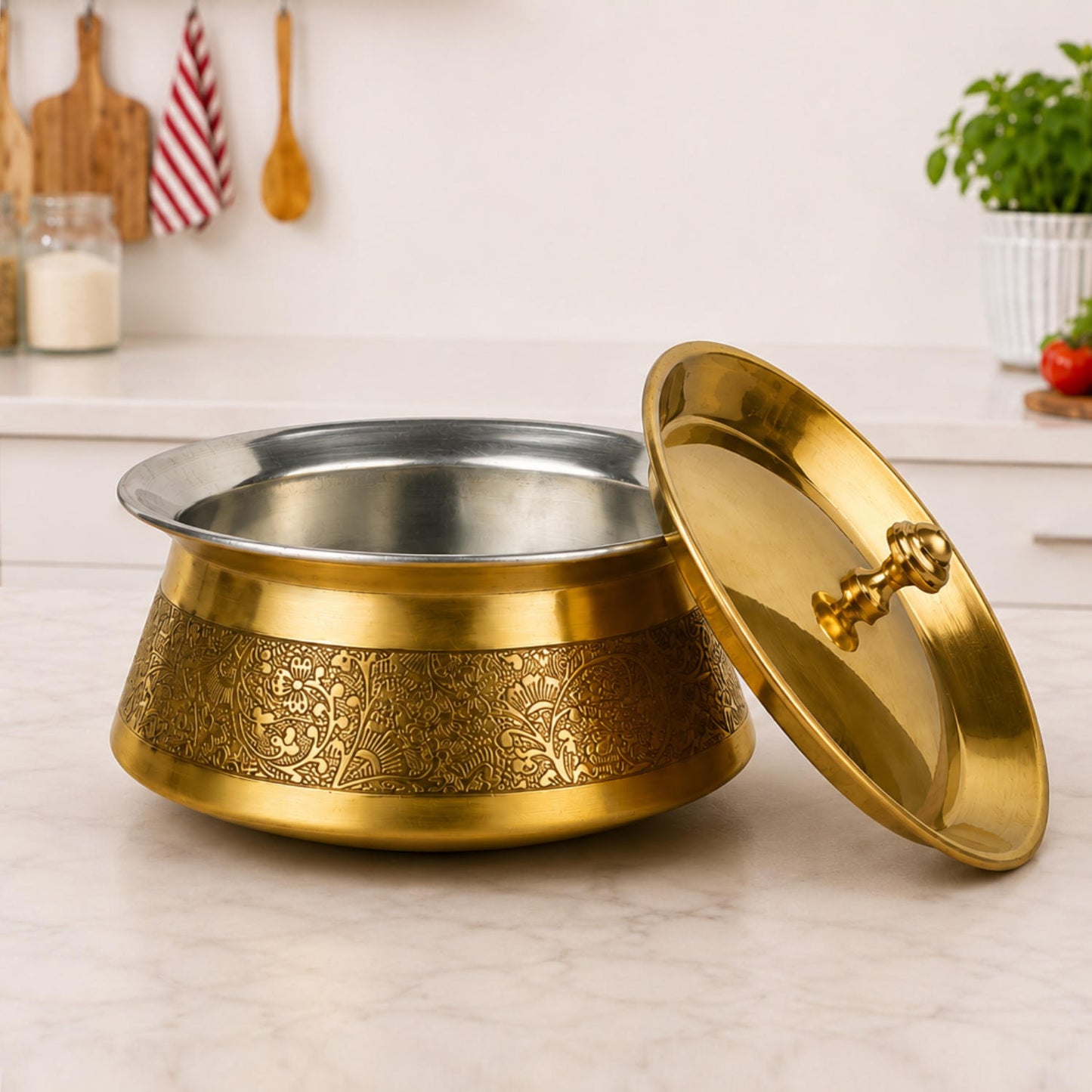 Handcrafted Brass Serving Handi with Lid (1500 ml, 860 gm)