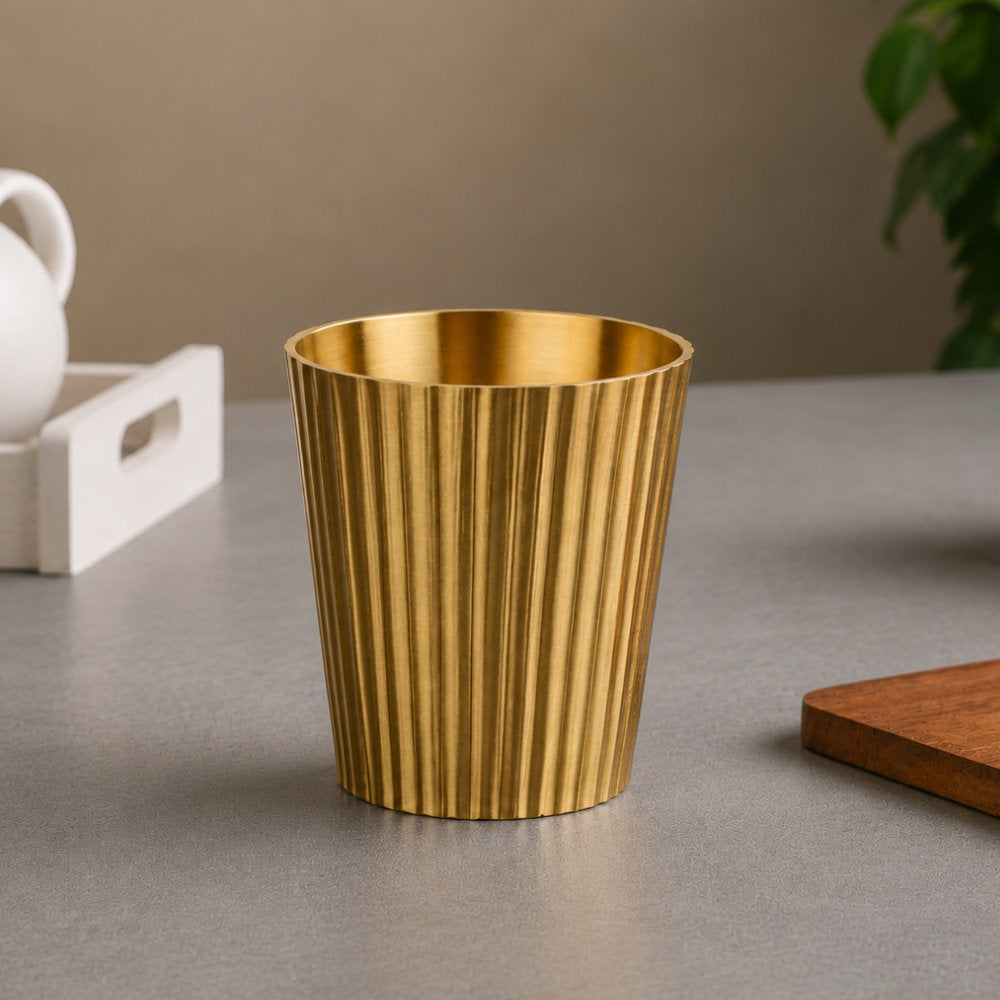 Pure Brass Line Matt Finish Heavy Drinking Glass (250 ml, 280 gm, Golden Color)