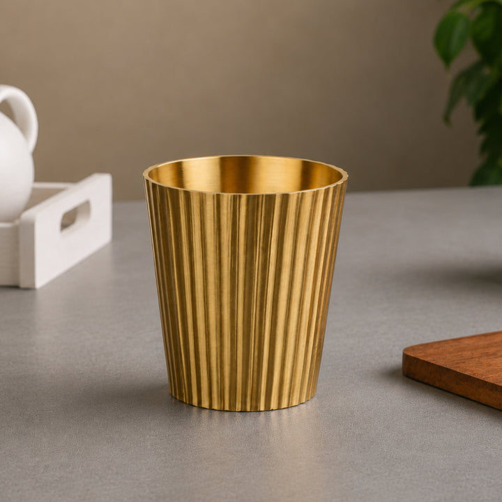 Pure Brass Line Matt Finish Heavy Drinking Glass (250 ml, 280 gm, Golden Color)