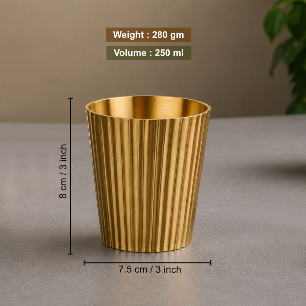 Pure Brass Line Matt Finish Heavy Drinking Glass (250 ml, 280 gm, Golden Color)