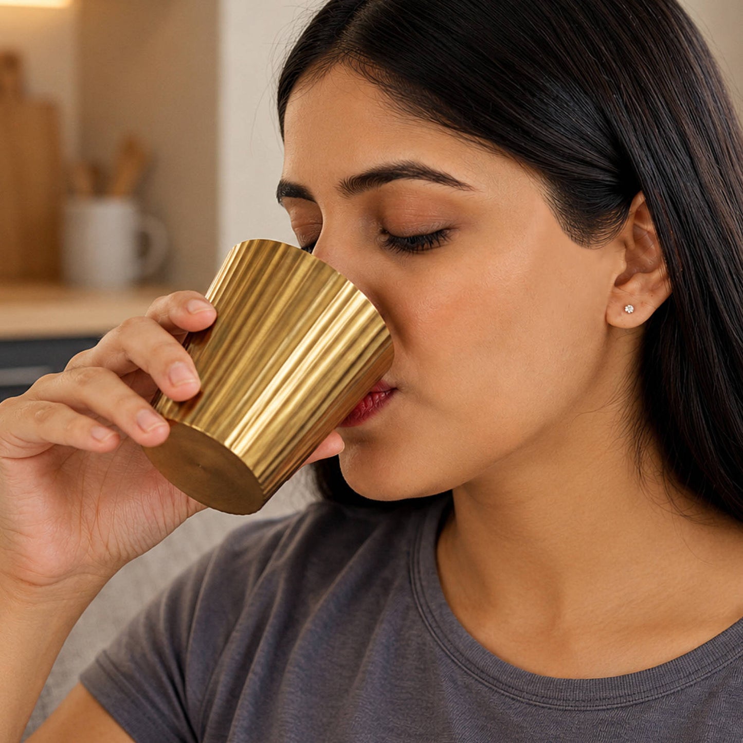 Pure Brass Line Matt Finish Heavy Drinking Glass (250 ml, 280 gm, Golden Color)
