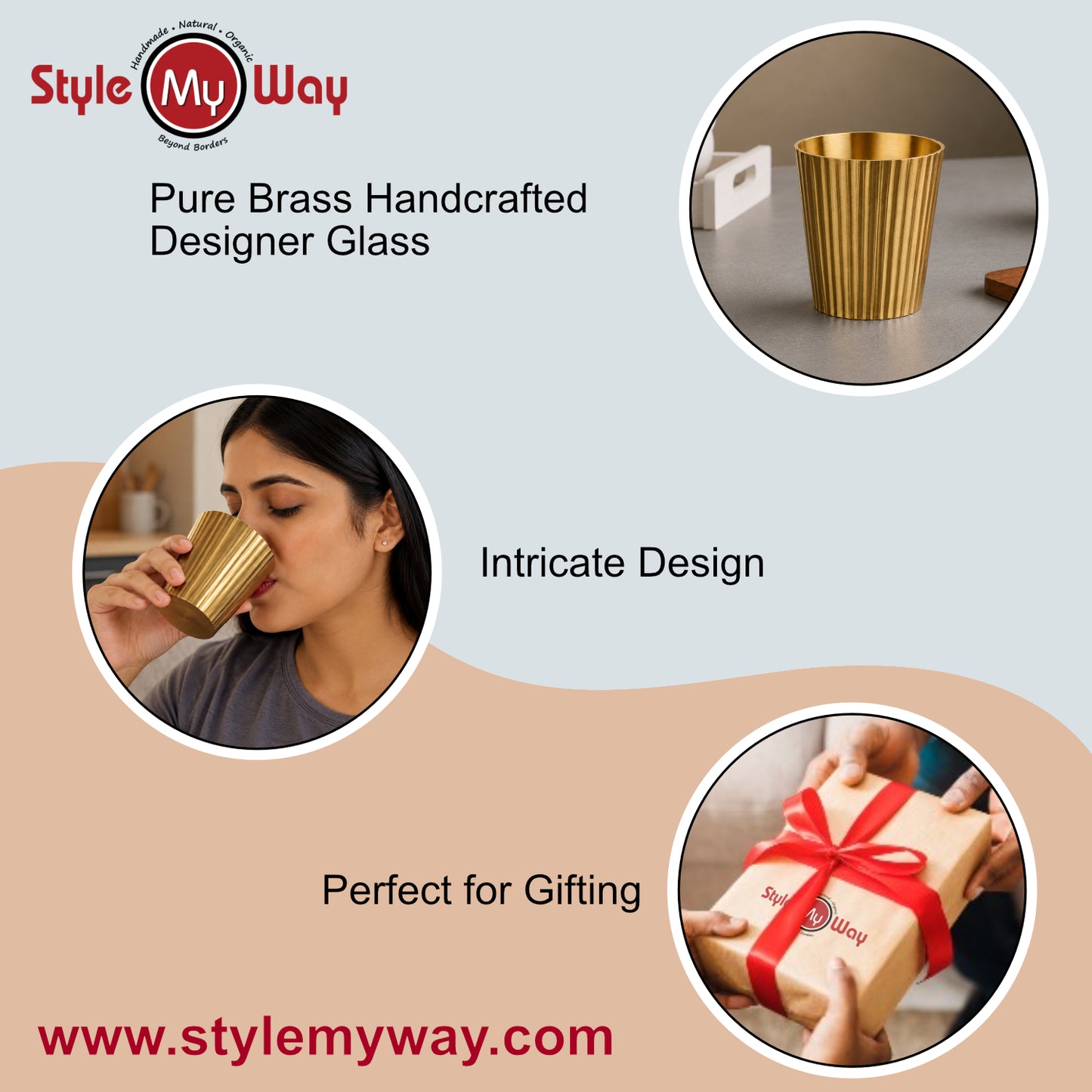 Pure Brass Line Matt Finish Heavy Drinking Glass (250 ml, 280 gm, Golden Color)
