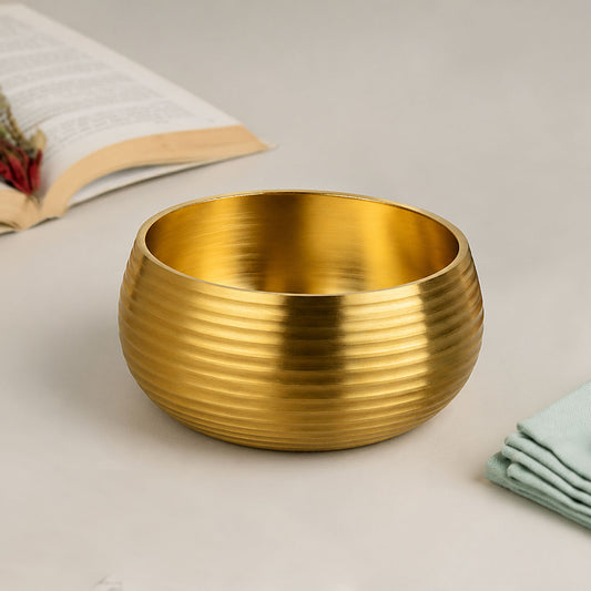 Pure Brass Ribbed Matt Finish Dessert Bowl (200 ml, 240 gm, Golden Color)